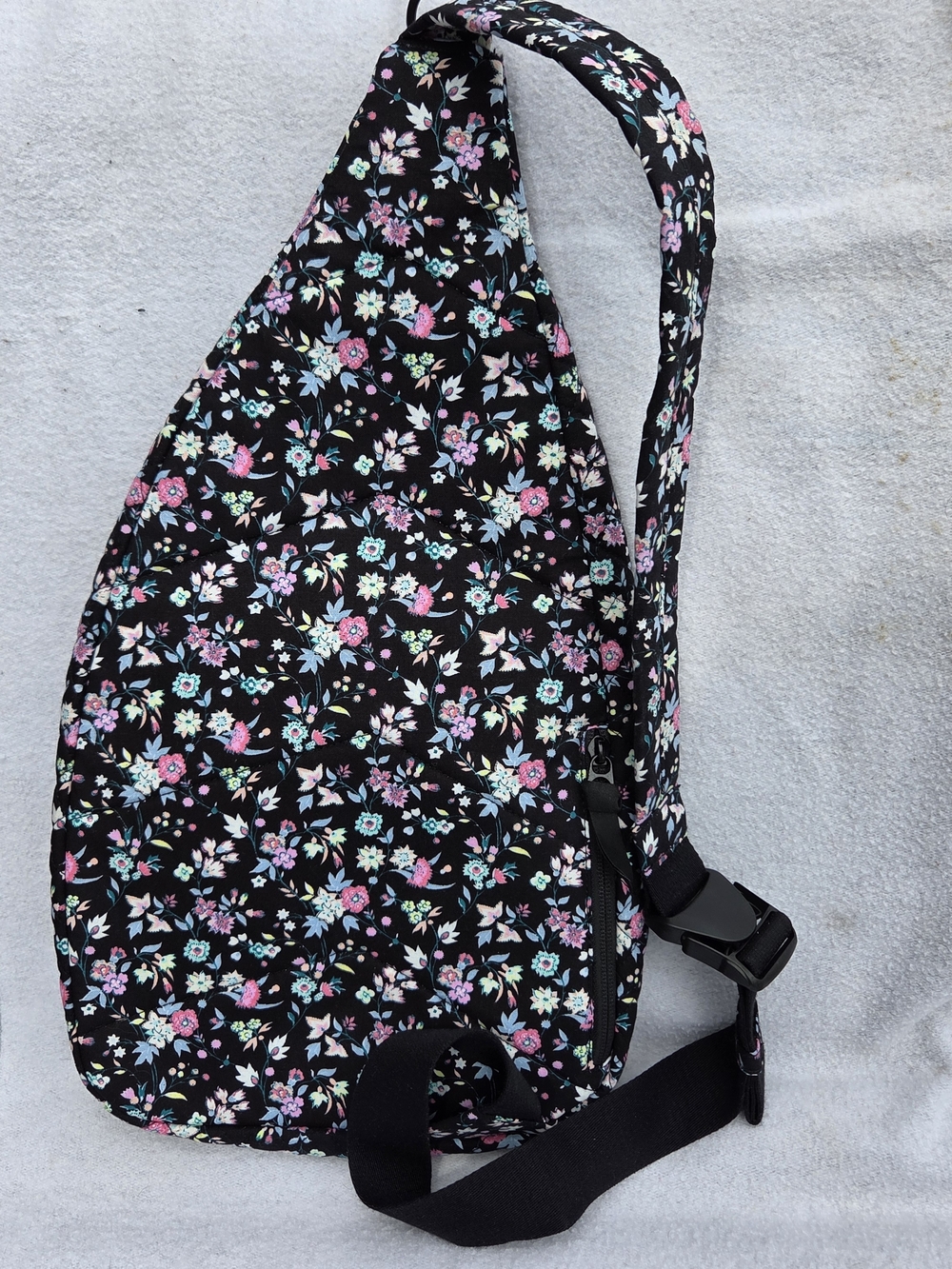 Vera Bradley Black Sling Backpack with Pink and Light Blue Floral Print